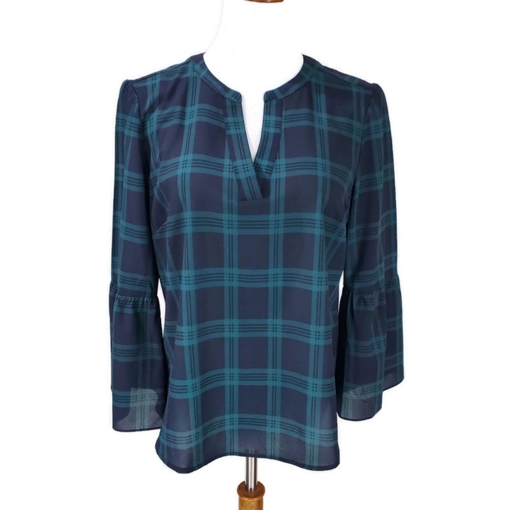 J. Crew Plaid Tartan Bell Sleeve Popover Boxy Blouse with Mandarin Collar SP